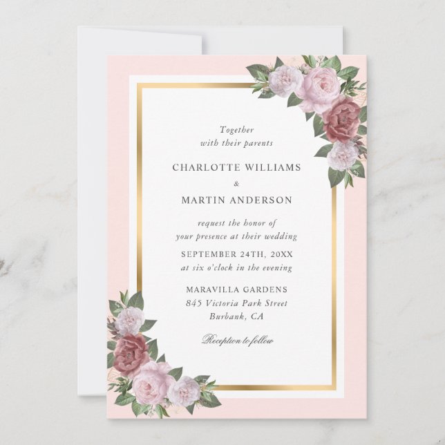 Blush Pink Peach Gold Frame Floral Wedding Inbjudningar (Framsida)