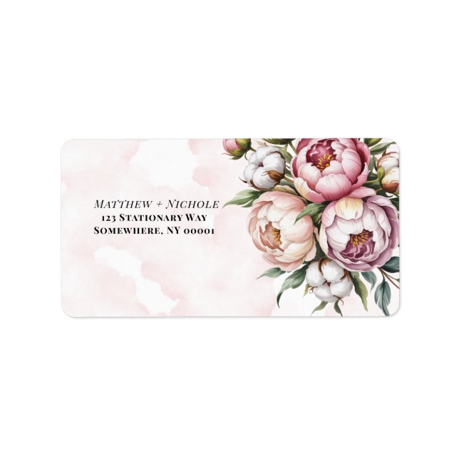 Blush Pink Peony and Cotton Wedding Address Adressetikett (Framsidan)