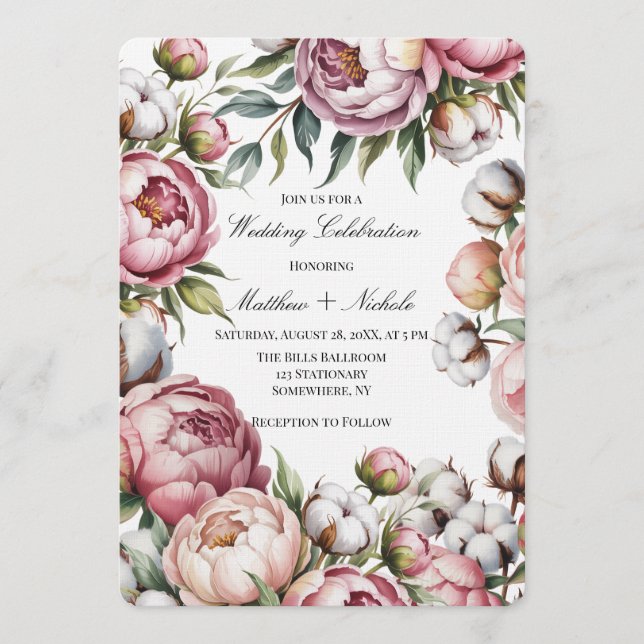Blush Pink Peony and Cotton Wedding Celebration Inbjudningar (Framsida)