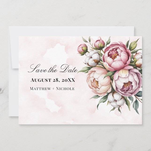 Blush Pink Peony and Cotton Wedding Spara Datumet (Framsida)
