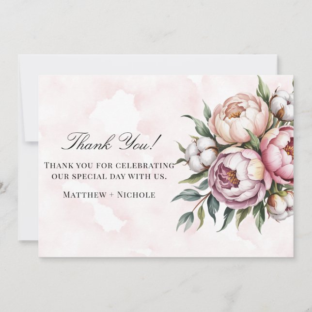 Blush Pink Peony and Cotton Wedding Tack Kort (Framsida)