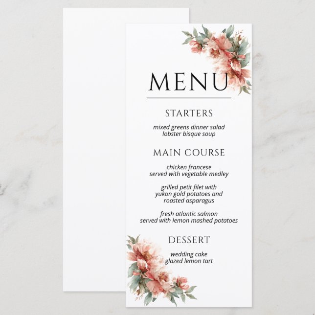 Blush Pink Peony Coral Elegant Dinner Wedding  Meny (Fram/baksida)