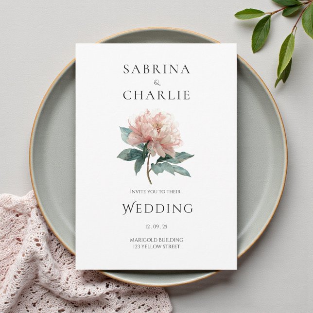 Blush Pink Peony Flower Elegant Botanical Wedding Inbjudningar (Blush Pink Peony Flower Elegant Botanical Wedding Invitation)