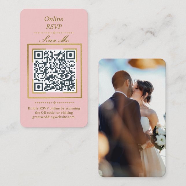 Blush Pink | Photo Online RSVP QR Code Wedding  Tilläggskort (Fram/baksida)