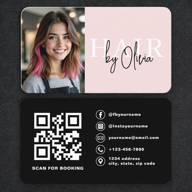 Blush Pink Photo QR Code Hair Stylist Visitkort (Skapare uppladdad)