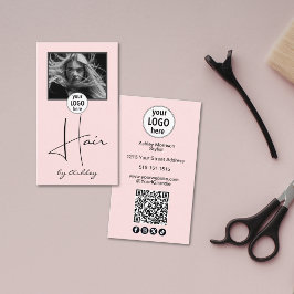 Blush Pink Photo Script Hair Logo QR Code Social Visitkort