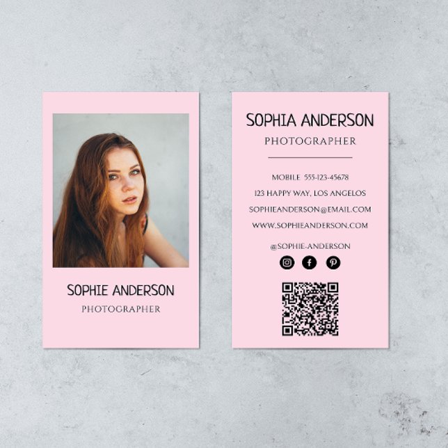Blush Pink Photographe Photo with QR Code Visitkort (Skapare uppladdad)