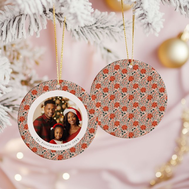 Blush Pink Poinsettia 1 Family Photo Christmas Julgransprydnad Keramik (Poinsettia Season 1 Sided Photo Christmas Ornament blush pink)