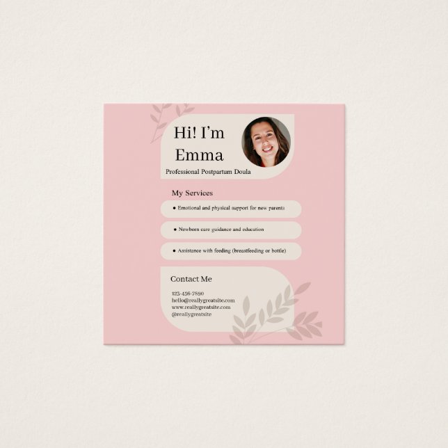Blush Pink Postpartum Doula Professional Design Fyrkantigt Visitkort (Framsida)