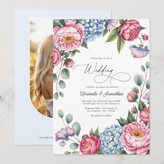 Blush Pink, Powder Blue & Lavender Floral Wedding Inbjudningar (Fram/baksida)