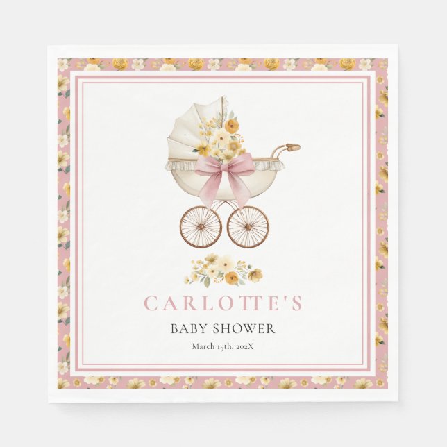 Blush Pink Pram Floral Baby Shower Luncheon Napkin Pappersservett (Framsidan)