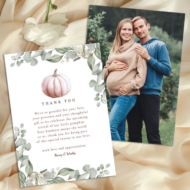 Blush Pink Pumpkin Fall Baby Shower Thank You Card Tack Kort (Photo Thank You Card - Blush Pink)