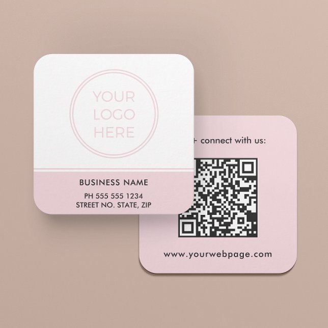 Blush Pink QR Code Logo Square Business Card Fyrkantigt Visitkort (A square card in 2.5 inches is shown. Choose paper and corner style.)