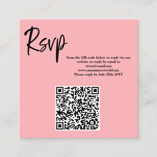 Blush Pink QR Code RSVP Card  Fyrkantigt Visitkort (Framsida)