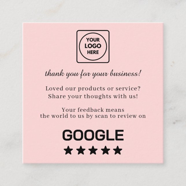 Blush Pink QR | Google Reviews Custom Feedback  Fyrkantigt Visitkort (Framsida)
