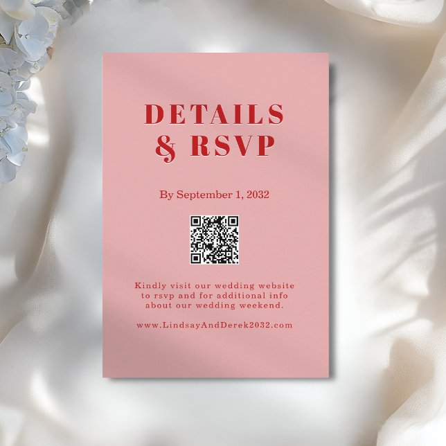 Blush Pink Red Bold Font QR Code Wedding RSVP  Tilläggskort (Blush Pink Red Bold Font QR Code Wedding RSVP Enclosure Card)