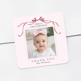 Blush Pink Red Bow Birthday Thank You  Fyrkantigt Klistermärke