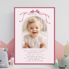 Blush Pink Red Bow Girl 1st Birthday Arch Photo Inbjudningar
