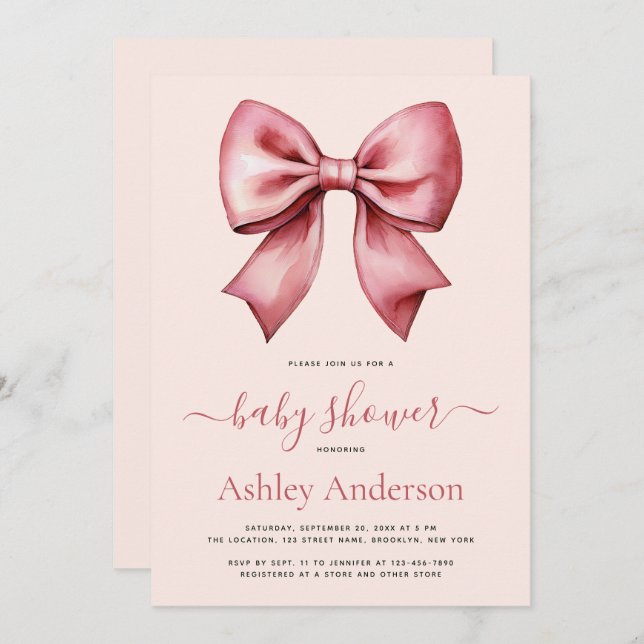 Blush Pink Red Bow Girl Baby Shower Inbjudningar (Fram/baksida)