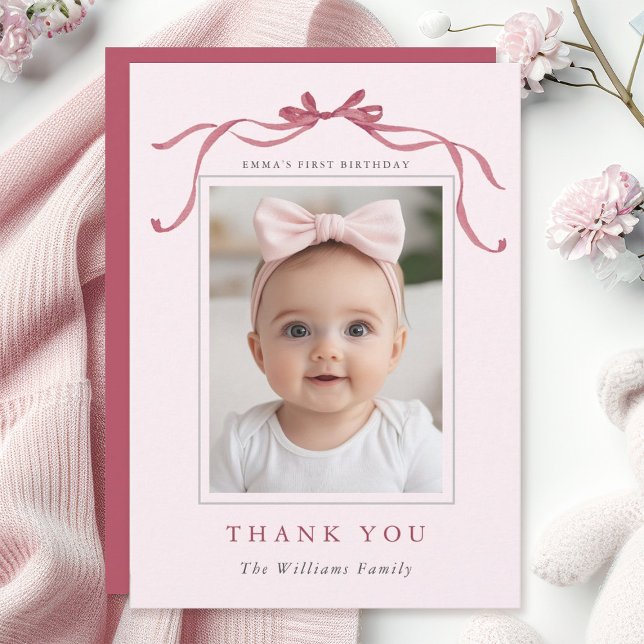 Blush Pink Red Bow Minimal Birthday Photo  Tack Kort (Skapare uppladdad)