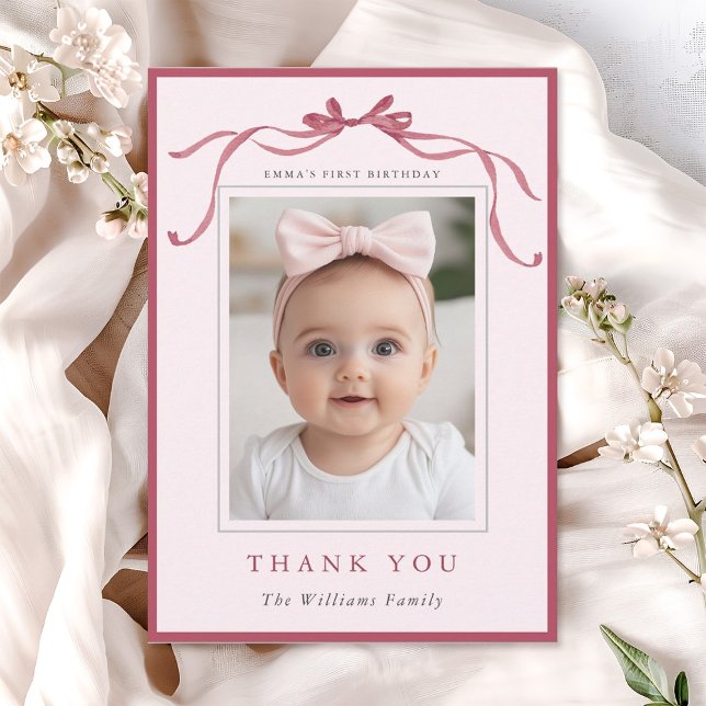 Blush Pink Red Bow Simple Birthday Photo  Tack Kort (Skapare uppladdad)