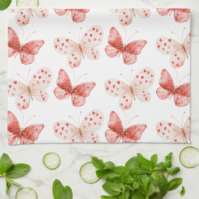 Blush Pink Red Butterflies   Kökshandduk (Vikta)
