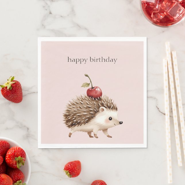 Blush Pink Red Cherry Adorable Hedgehog Birthday Pappersservett (Insitu)