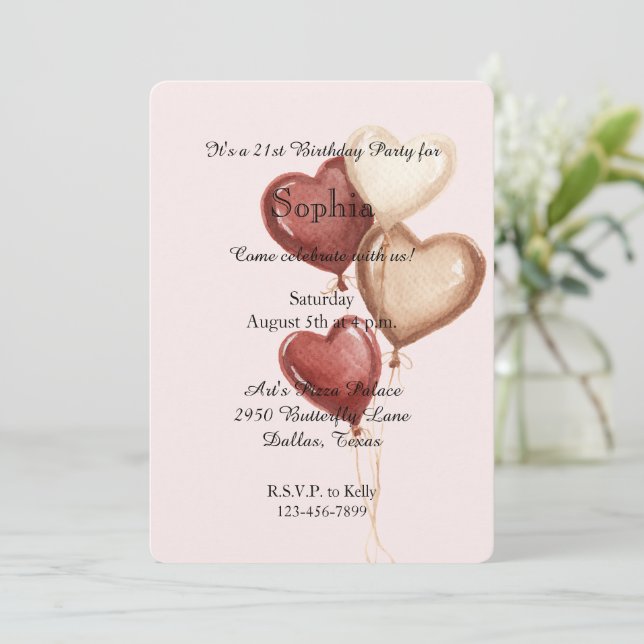 Blush Pink Red Cream Heart Balloons Birthday Inbjudningar (Stående Fram)