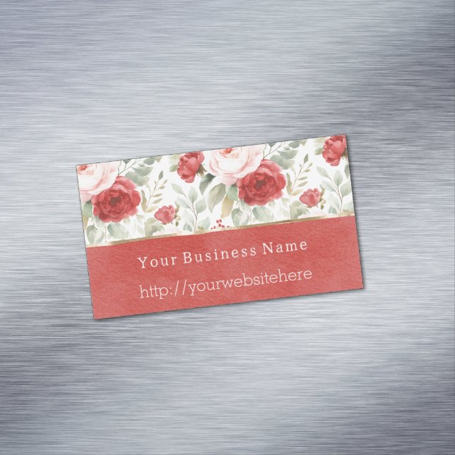 Blush Pink Red Floral Business name website Magnetiska Visitkort (In Situ)