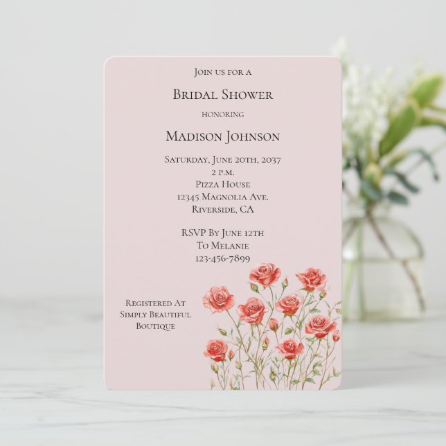 Blush Pink Romantic Red Roses Bridal Shower Inbjudningar (Stående Fram)