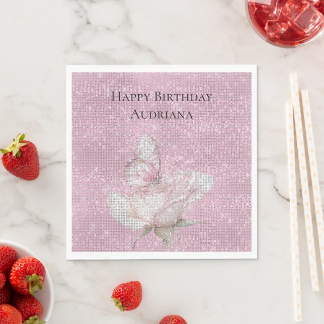 Blush Pink Rose Butterfly Sparkle Birthday Pappersservett (Insitu)