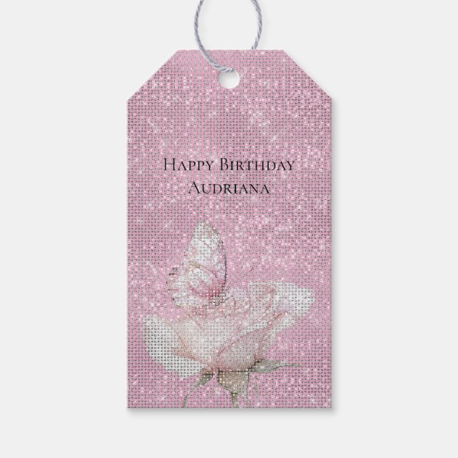 Blush Pink Rose Butterfly Sparkle Birthday Presentetikett (Framsidan)