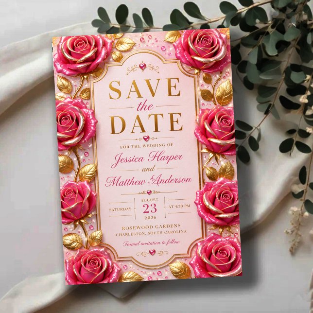 Blush Pink Rose Elegant Gold Floral Spara Datumet (Skapare uppladdad)