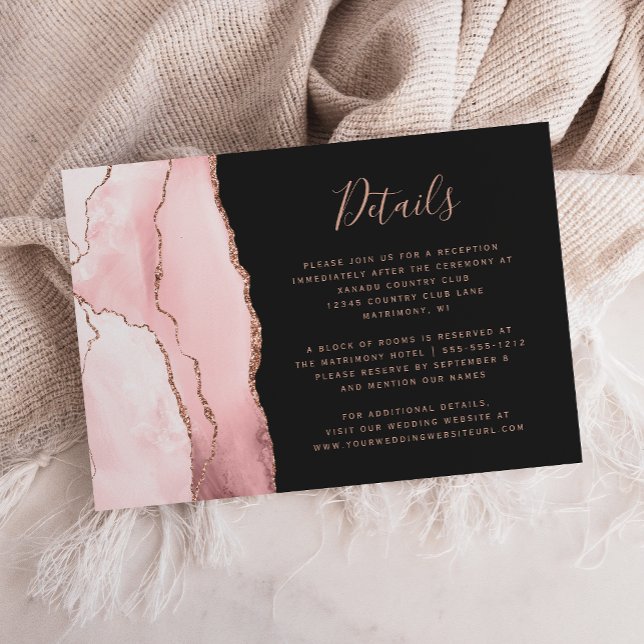 Blush Pink Rose Gold Agate Dark Wedding Details Tilläggskort (Skapare uppladdad)