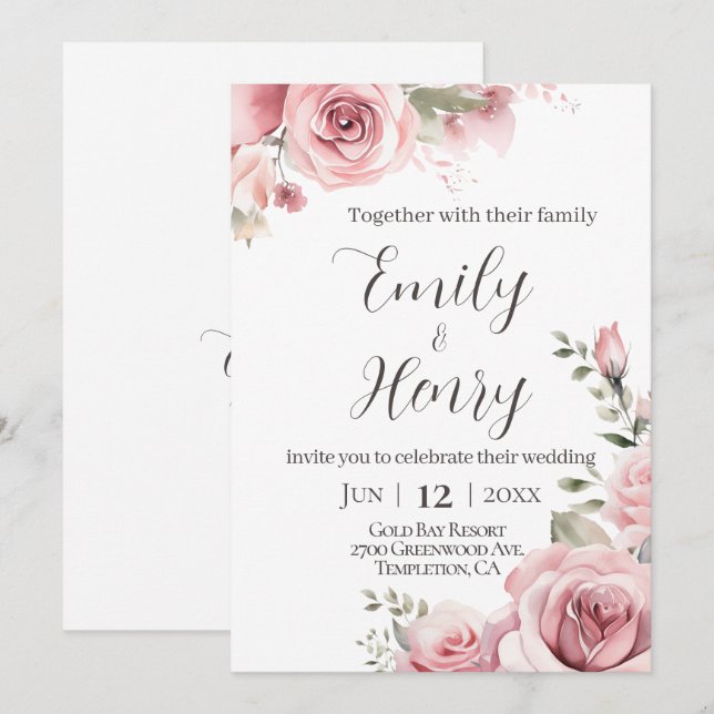 Blush Pink Rose Wedding Invitation Inbjudningar (Fram/baksida)