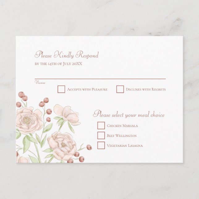 Blush Pink Rose Wedding RSVP Modern Reply Helg Vykort (Framsida)