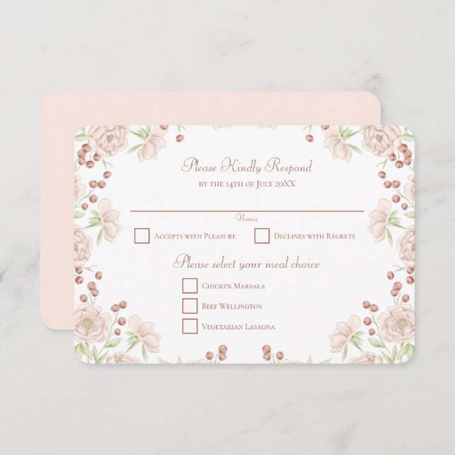 Blush Pink Rose Wedding RSVP Reply Inbjudningar (Fram/baksida)