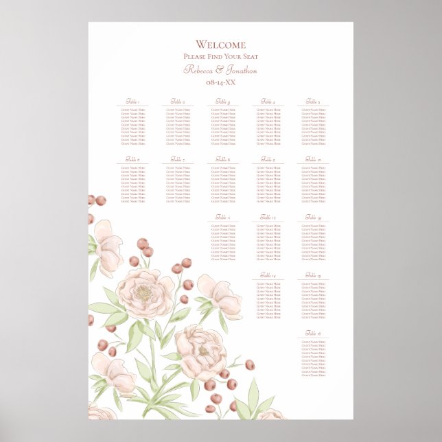 Blush Pink Roses Modern Wedding Seating Chart Poster (Framsidan)