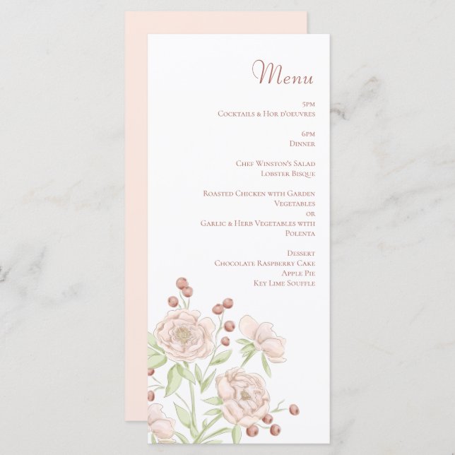 Blush Pink Roses Wedding Modern Menus Meny (Fram/baksida)