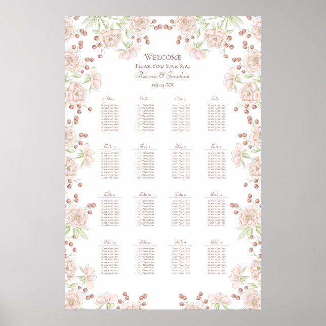 Blush Pink Roses Wedding Seating Chart Poster (Framsidan)