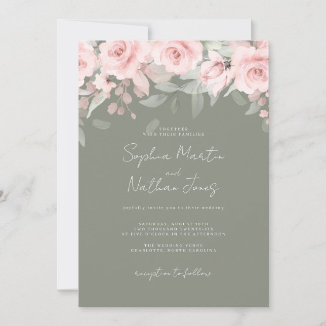 Blush Pink Sage Floral Wedding  Inbjudningar (Framsida)