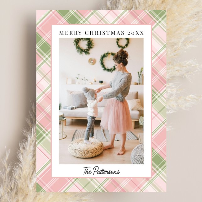 Blush Pink & Sage Green Plaid Photo Christmas Julkort (Skapare uppladdad)