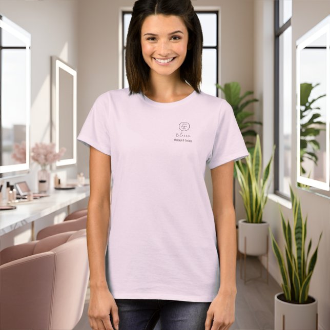 Blush Pink Script Employee Name Makeup Studio Logo T Shirt (Blush pink makeup studio employee name t-shirt design with grey-back script & modern text plus logo)