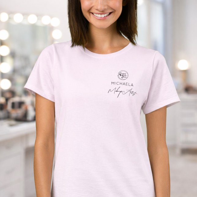 Blush Pink Script Logo Makeup Staff T Shirt (Skapare uppladdad)