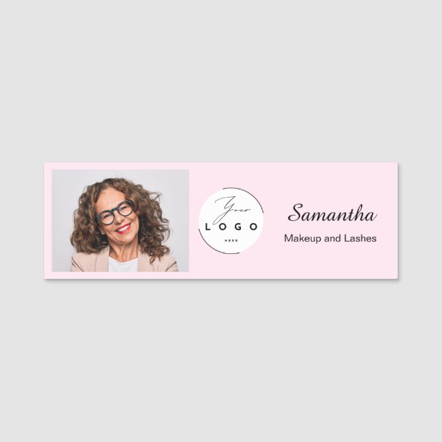 Blush Pink Script Logo Photo Makeup Namnbricka (Framsida)