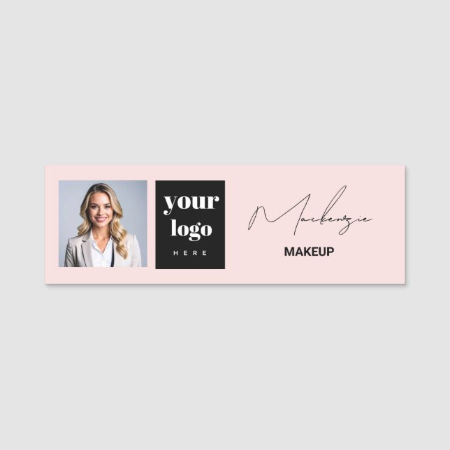 Blush Pink Script Logo Photo Makeup  Namnbricka (Framsida)