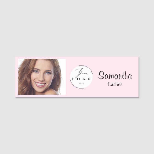 Blush Pink Script Logo Photo Makeup Namnbricka (Framsida)