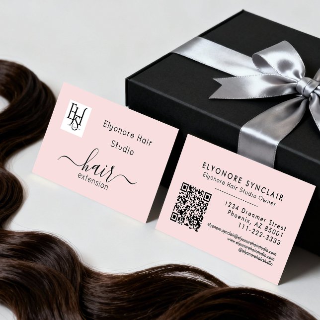 Blush Pink Script Logo QR Code Hair Extension Visitkort (Skapare uppladdad)