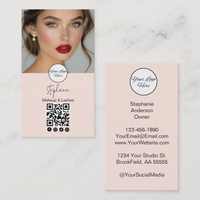 Blush Pink Script Logo QR Code Photo Business Card Visitkort (Fram/baksida)