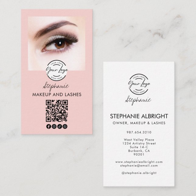 Blush Pink Script Logo QR Code Photo Lashes Studio Visitkort (Fram/baksida)